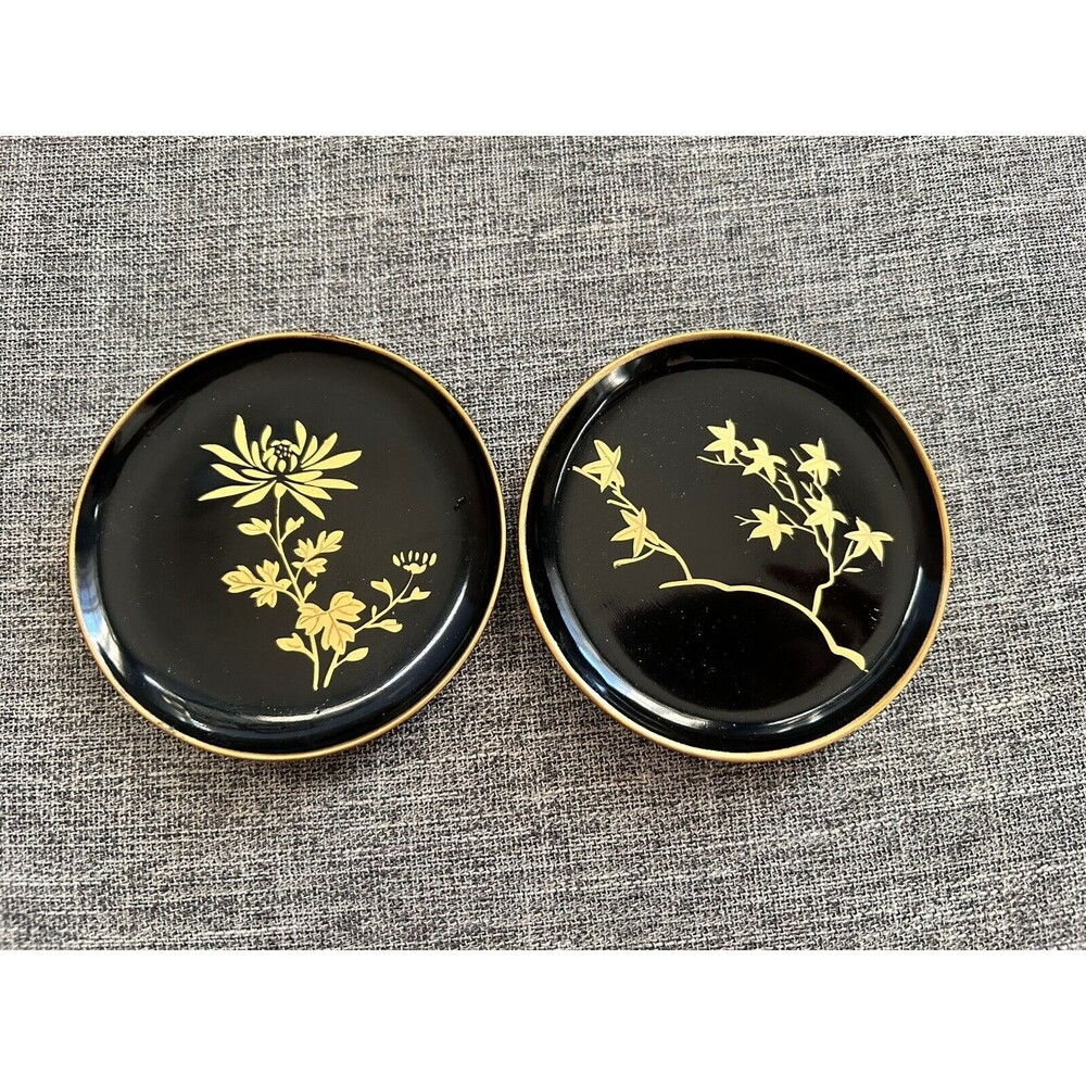 Vintage Japanese Gold Black Lacquer Coaster Set Of 2 Floral Wood